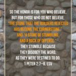 “So the honor is for you who believe, but for those who do not believe, “The stone that the builders rejected has become the cornerstone,” and “A stone of stumbling, and a rock of offense.” They stumble because they disobey the word, as they were destined to do.” (1 Peter 2:7–8, ESV)
